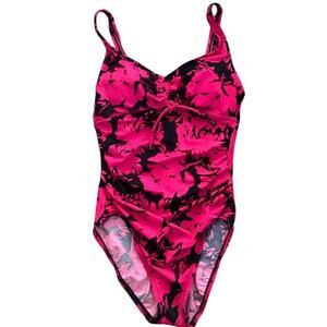 New Aqua Green Black Magenta Floral Print One Piece Swimsuit Small